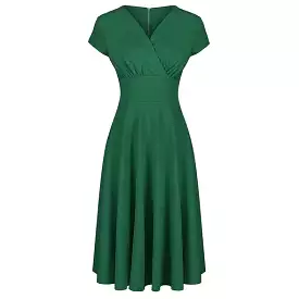 Emerald Green A Line Vintage Crossover Capped Sleeve Tea Swing Dress