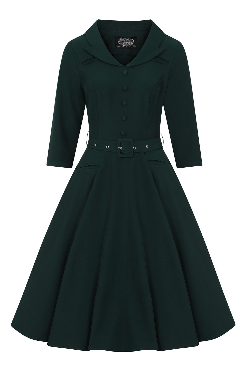 Emerald Green Vintage Belted 3/4 Sleeve Swing Dress