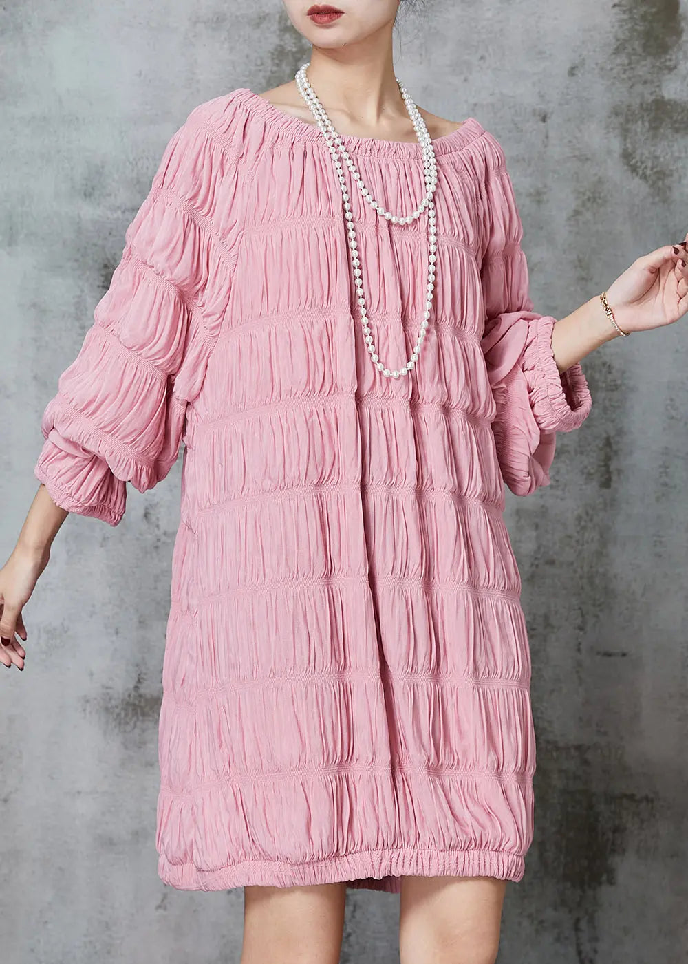 Fine Pink Slash Neck Wrinkled Cotton Mid Dress Spring JK1040