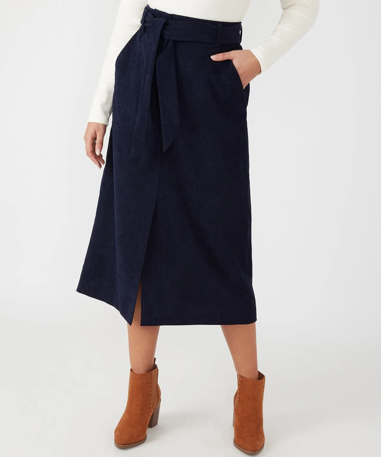 First Avenue Corduroy Belted Skirt