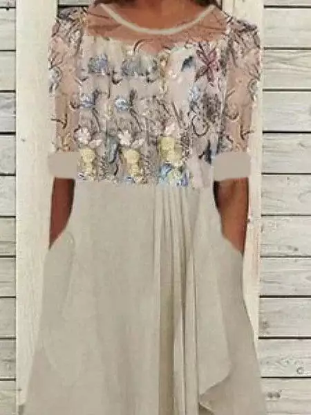 Floral Patchwork Vintage Midi Dress with Half Sleeves