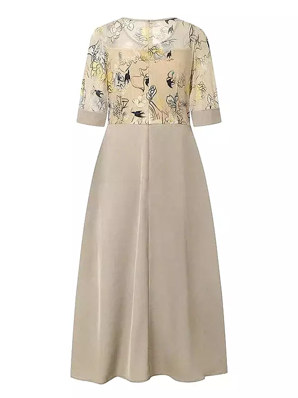 Floral Patchwork Vintage Midi Dress with Half Sleeves