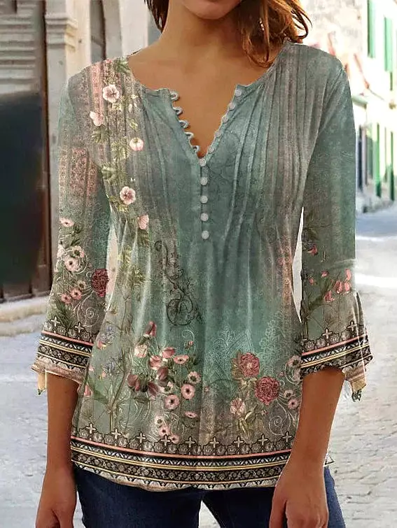 Floral Print Henley Shirt for Women with 3/4 Length Sleeves