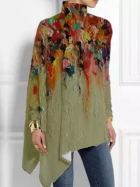 Floral Print High Neck Women's Shirt Blouse with Asymmetric Hem