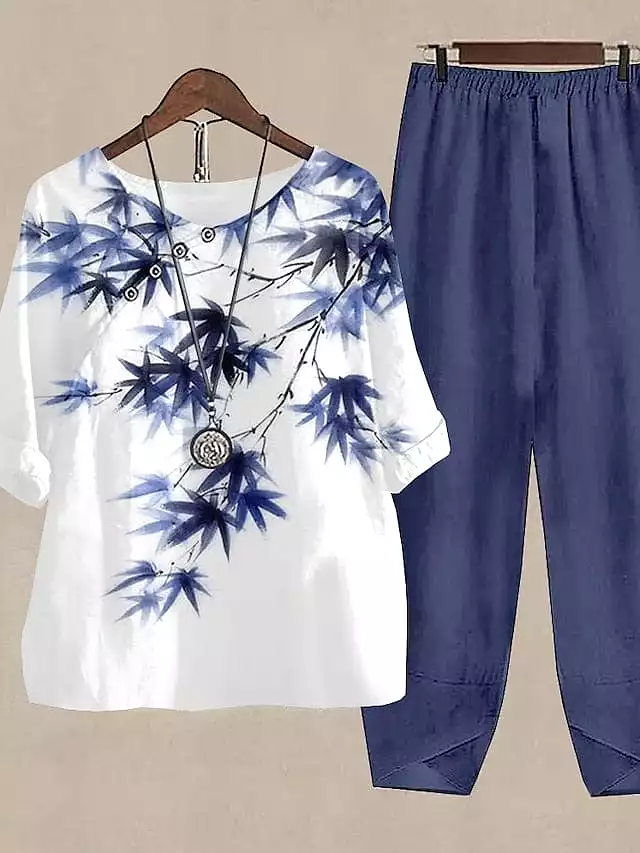 Floral Print Women's Shirt and Pants Set for Fall & Winter