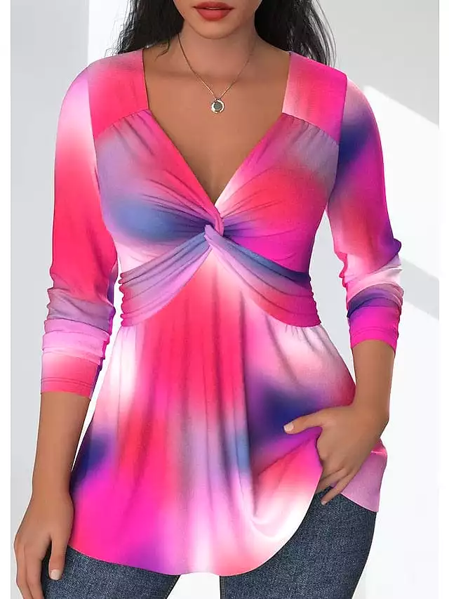 Flowing Tunic Color Gradient Women's Shirt Blouse with V-neck Long Sleeve Casual Fashion