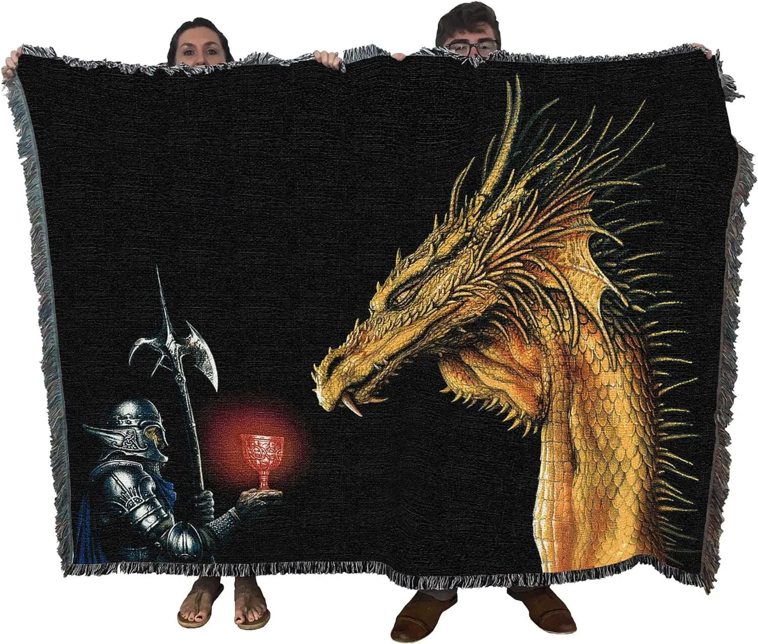 Gold Dragon with Knight Tapestry Blanket by Ciruelo