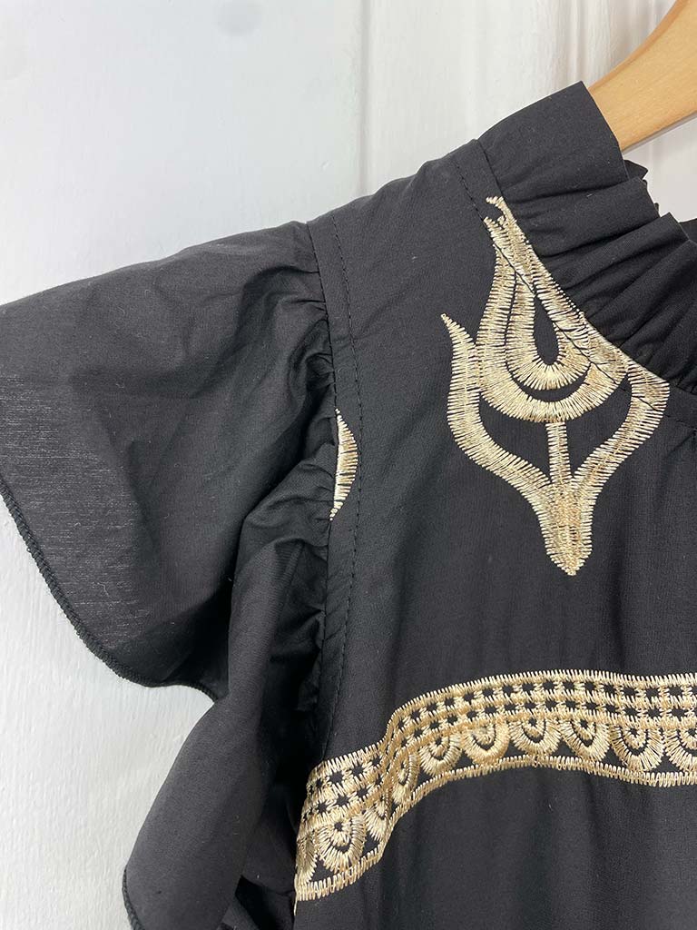 Gold Embroidered Tiered Tunic - Black