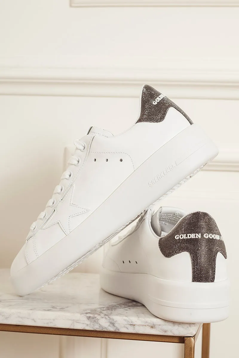 GOLDEN GOOSE Sneakers donna PURE new pelle bianca e talloncino glitter a quadri