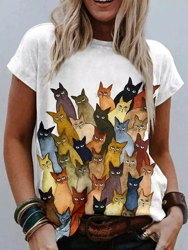 Graphic Cat Print Women's T-shirt with Shoulder Cut-outs