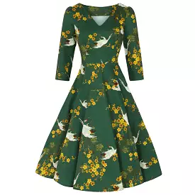 Green Birds & Blossom Print 3/4 Sleeve Vintage Style Swing Tea Dress With Pockets