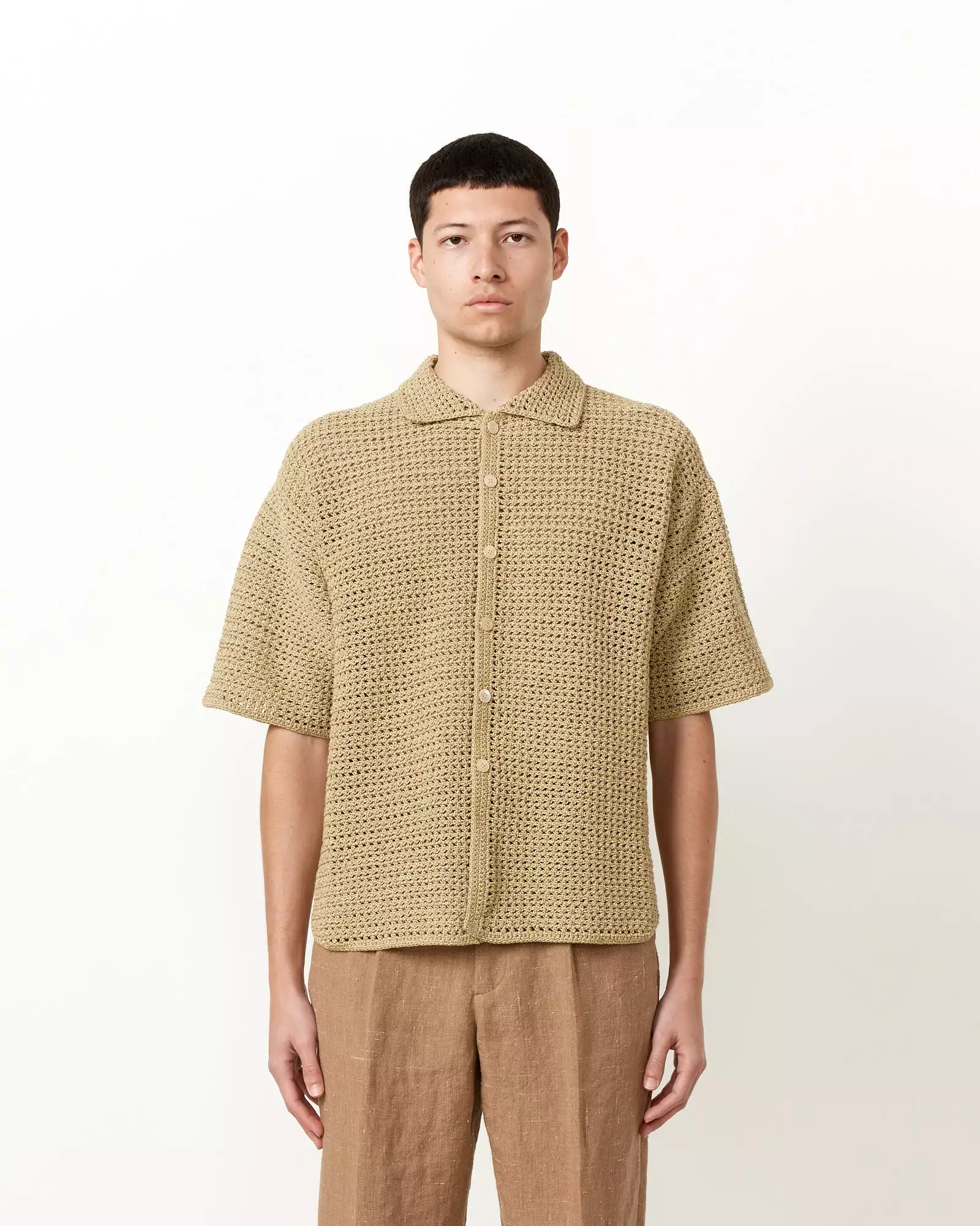 Hand Crochet Shirt in Khaki Beige