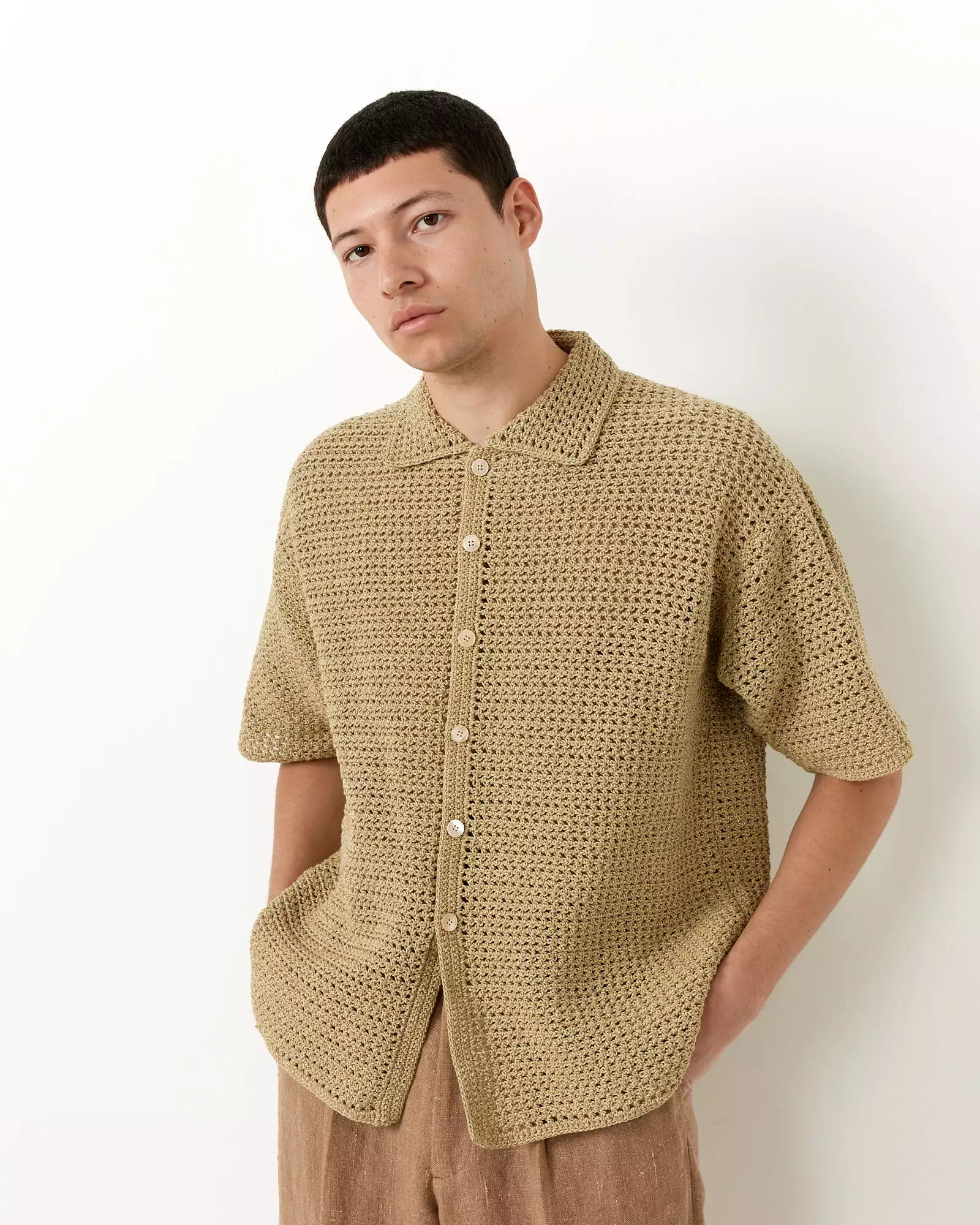 Hand Crochet Shirt in Khaki Beige