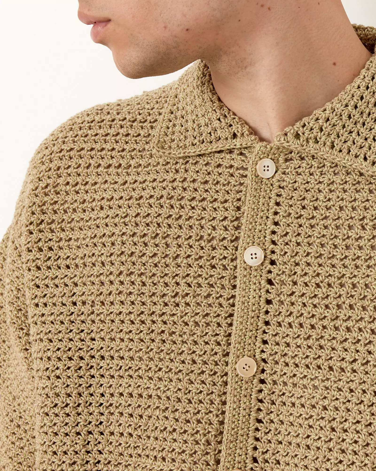 Hand Crochet Shirt in Khaki Beige