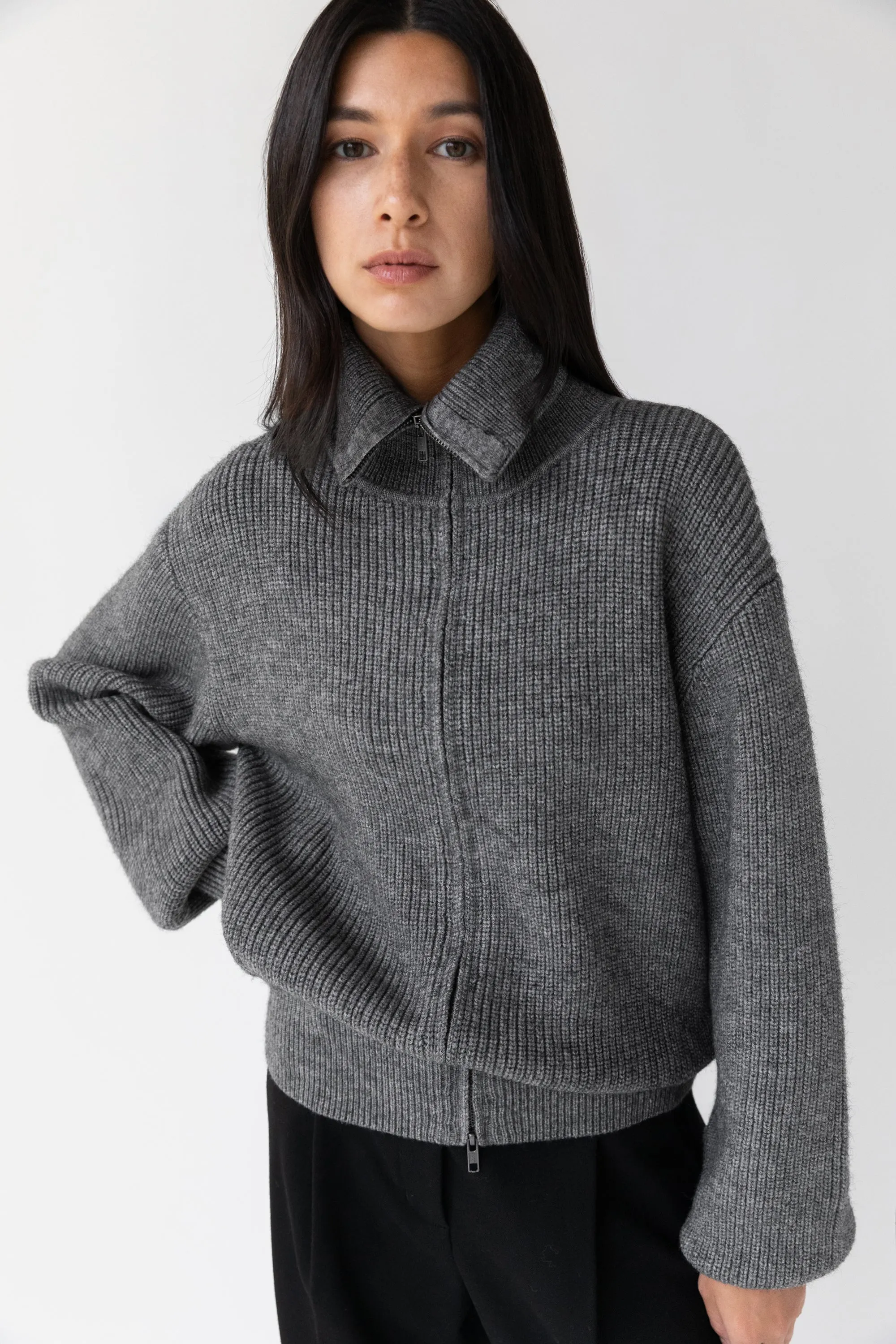 HIGH NECKLINE ZIP UP SWEATER