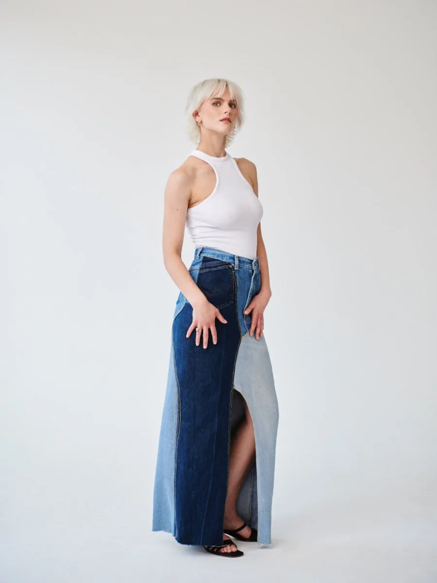 High Waisted Upcycled Patchwork Denim Long Skirt with Slit