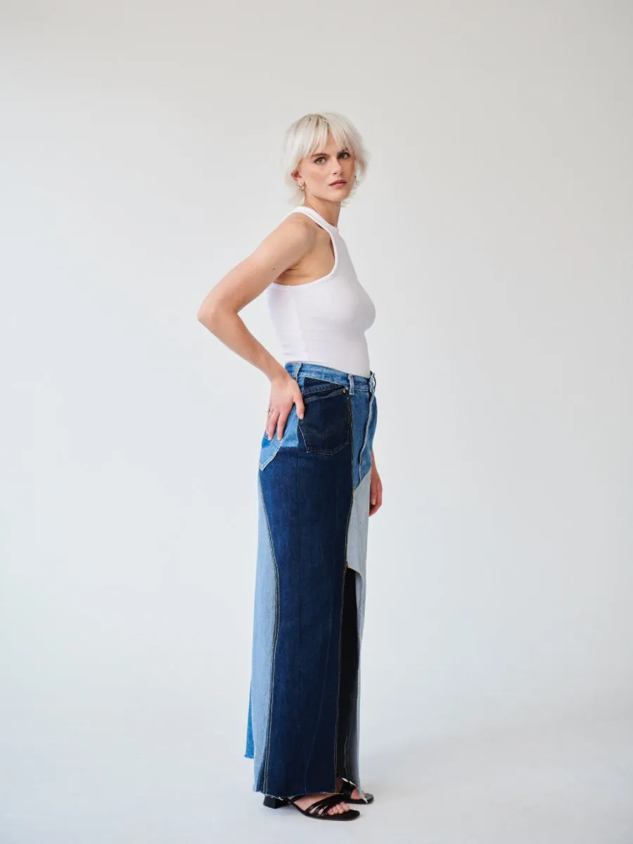 High Waisted Upcycled Patchwork Denim Long Skirt with Slit