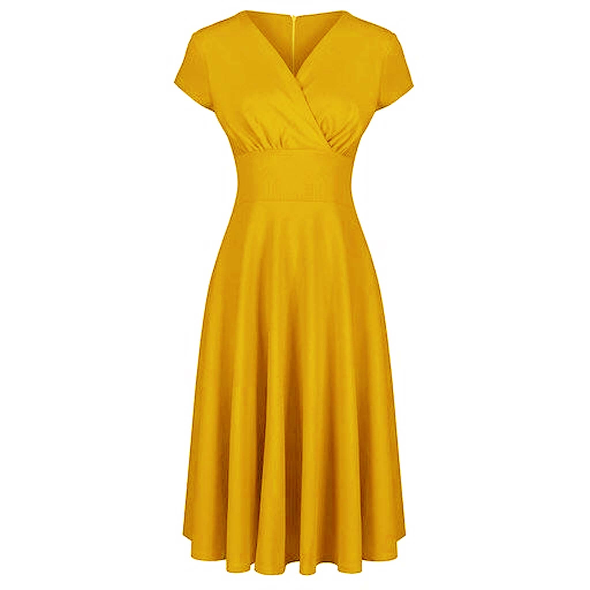 Honey Yellow A Line Vintage Crossover Capped Sleeve Swing Dress