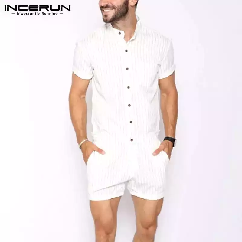 INCERUN Striped Men Rompers Breathable Stand Collar Short Sleeve Joggers Playsuits Streetwear Fashion Men Jumpsuits Shorts S2349