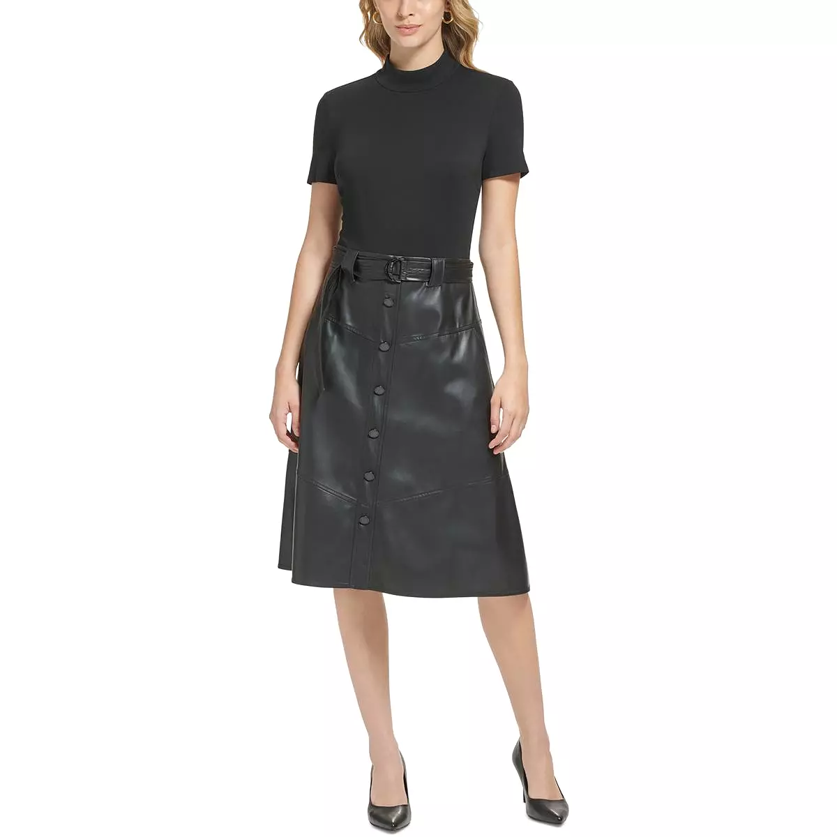 Karl Lagerfeld Paris Womens Faux Leather Trim Midi Sheath Dress