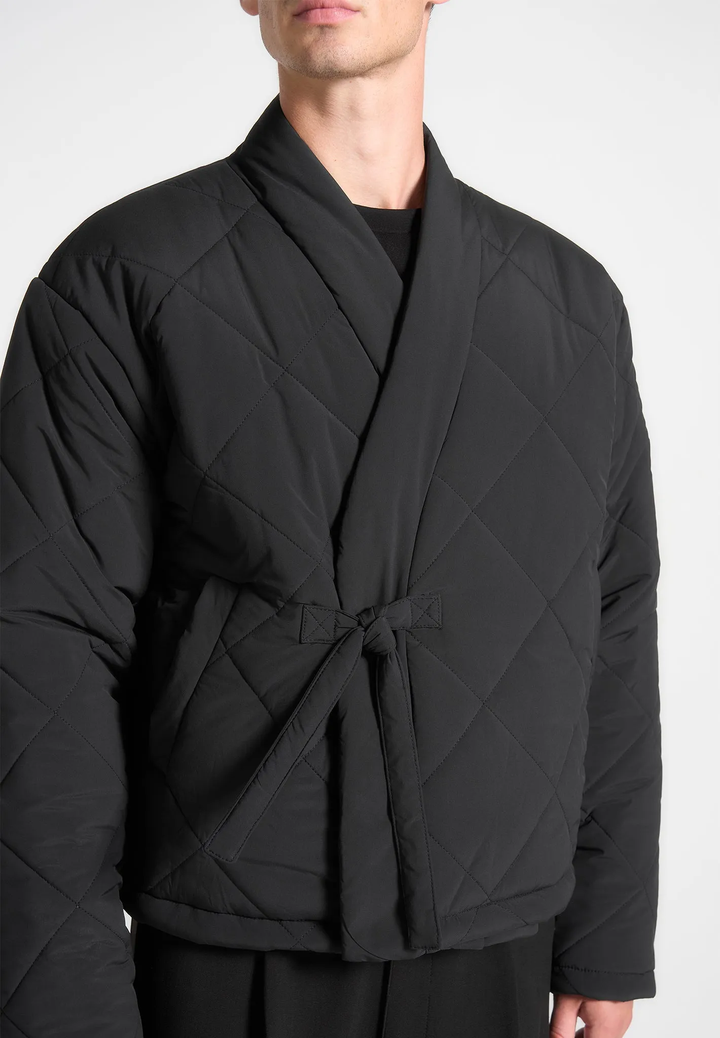 Kimono Quilted Wrap Puffer Jacket - Black