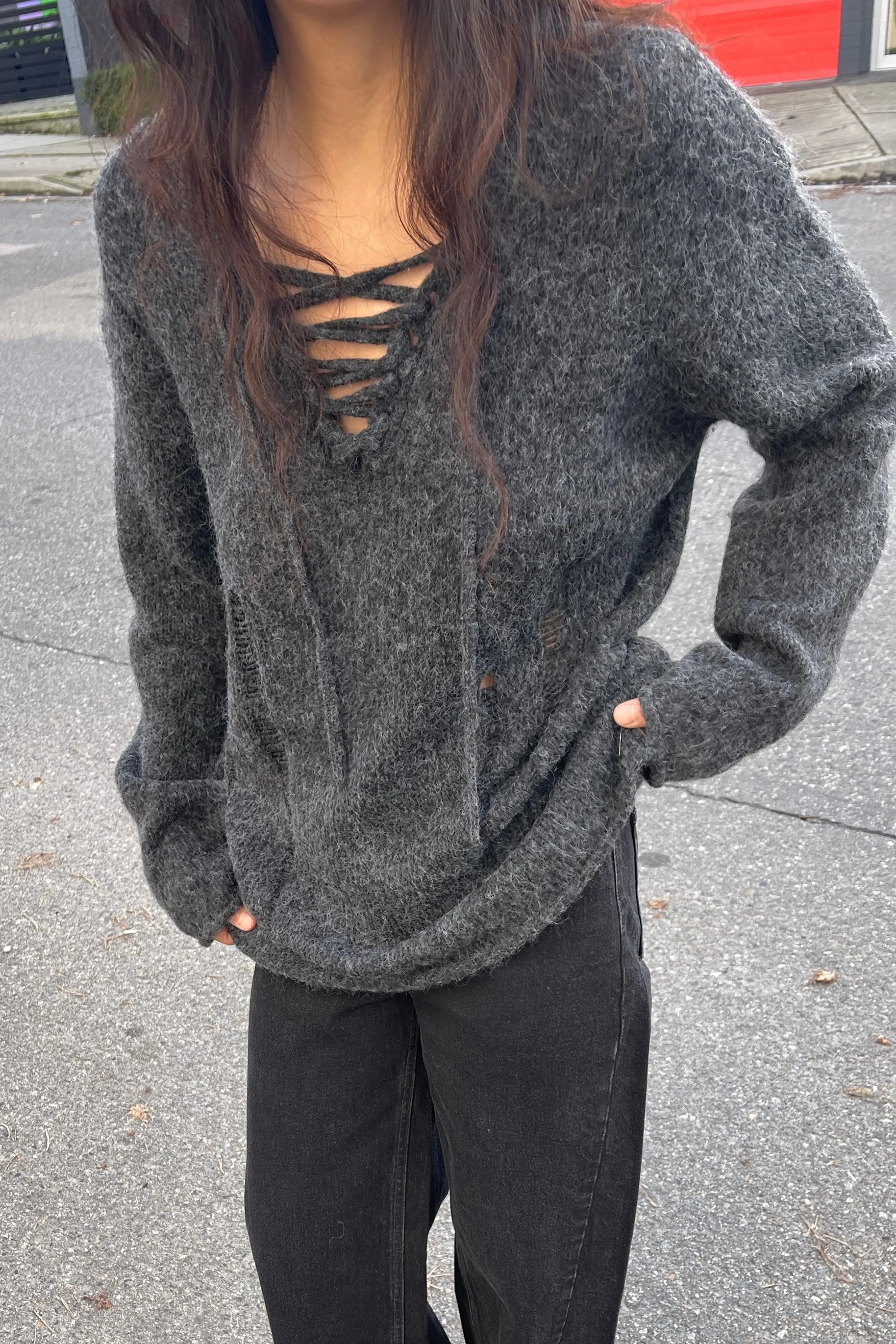 LACE-UP DISTRESSED SWEATER