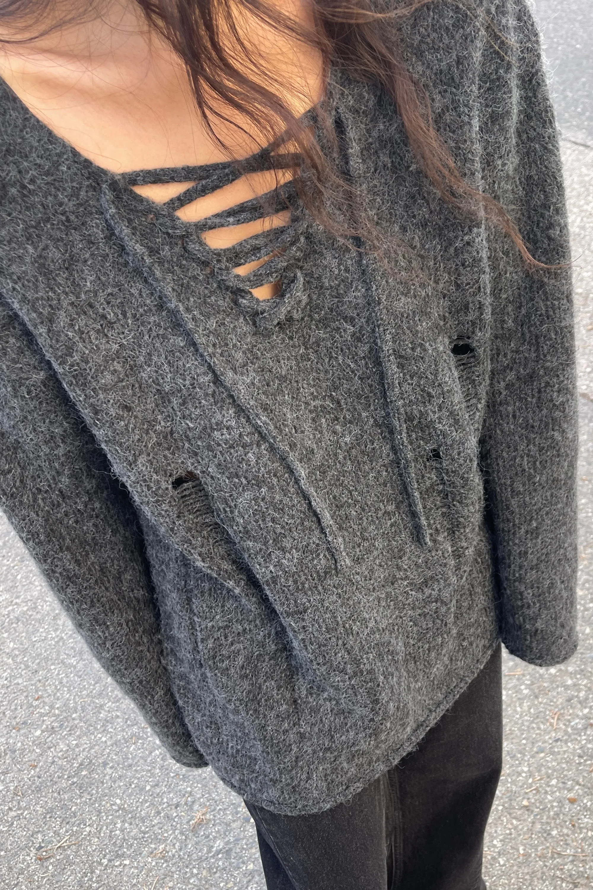 LACE-UP DISTRESSED SWEATER