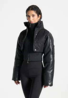 Leather and Nylon Layered Puffer Jacket - Black