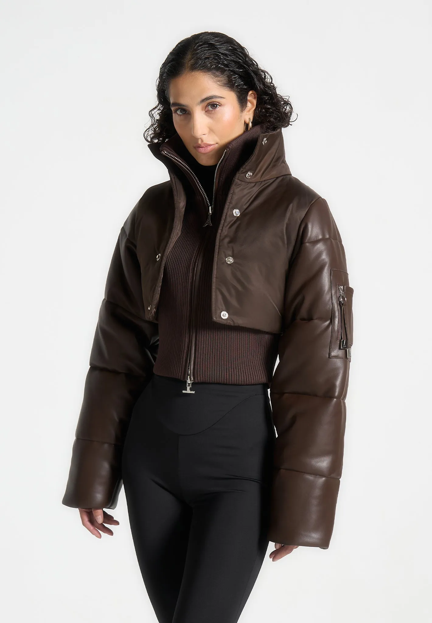 Leather and Nylon Layered Puffer Jacket - Brown