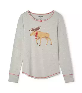 Little Blue House Moose On Grey  Women's Stretch Jersey Top