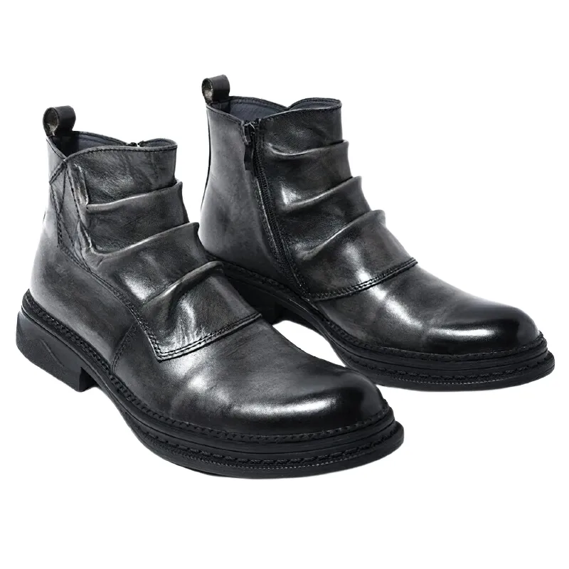 Luxery Men's Fold Ankle Boots / Trendy Wrinkle Leather Boots / Classic Zipper Shoes