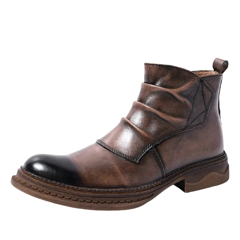 Luxery Men's Fold Ankle Boots / Trendy Wrinkle Leather Boots / Classic Zipper Shoes