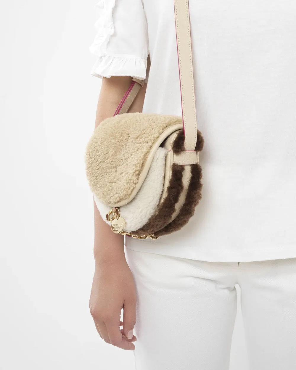 Mara Small Shearling Shoulder Bag in Cement Beige