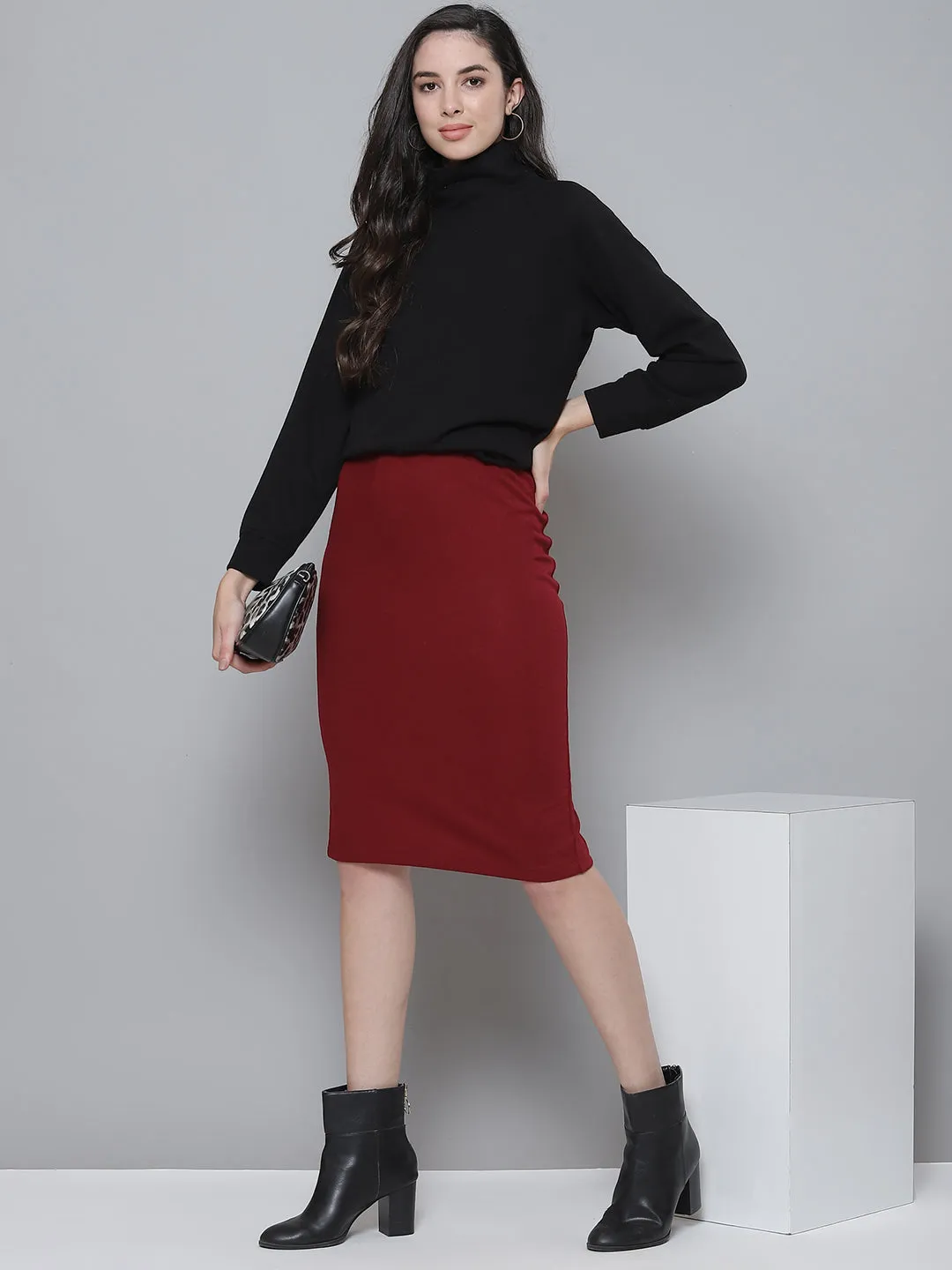 Maroon Rib Pencil Skirt