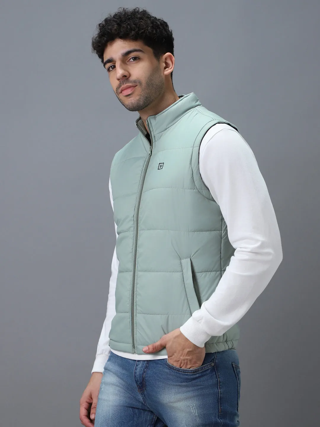 Men's Green Sleeveless Zippered Puffer Jacket