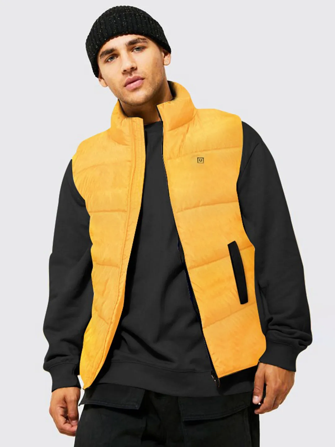 Men's Mustard Sleeveless Zippered Puffer Jacket