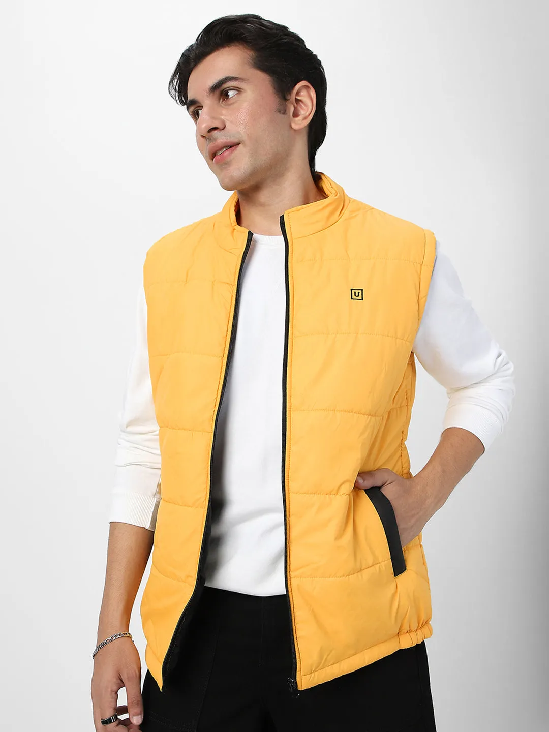 Men's Mustard Sleeveless Zippered Puffer Jacket