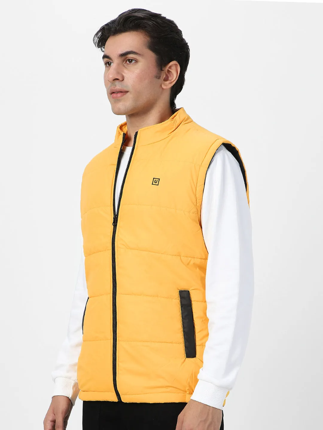 Men's Mustard Sleeveless Zippered Puffer Jacket