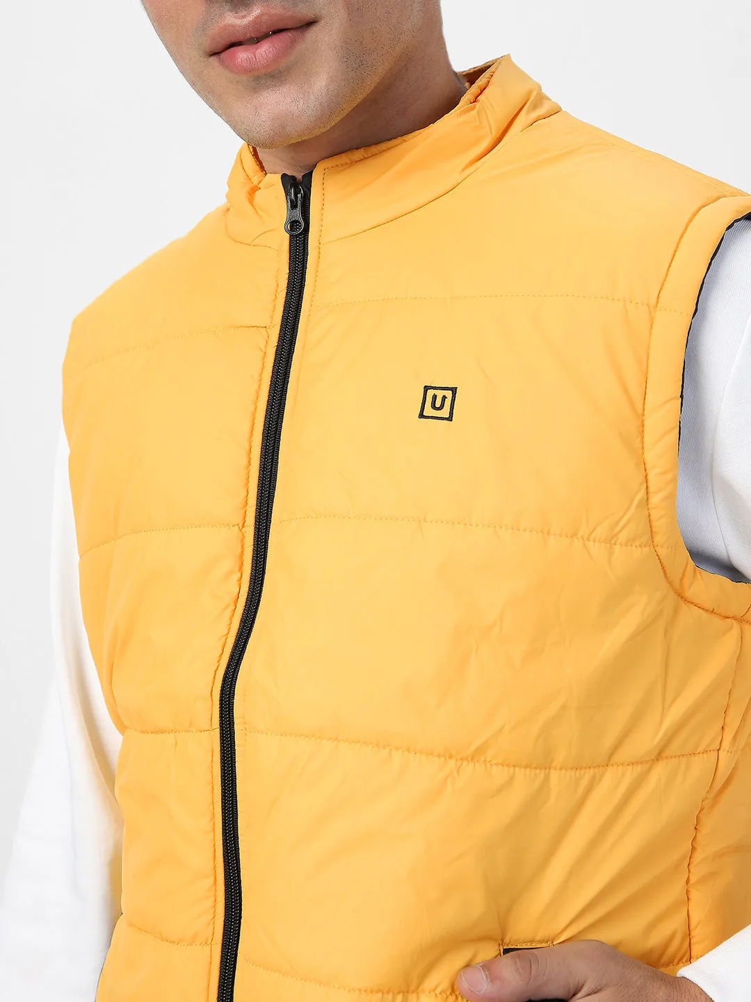 Men's Mustard Sleeveless Zippered Puffer Jacket