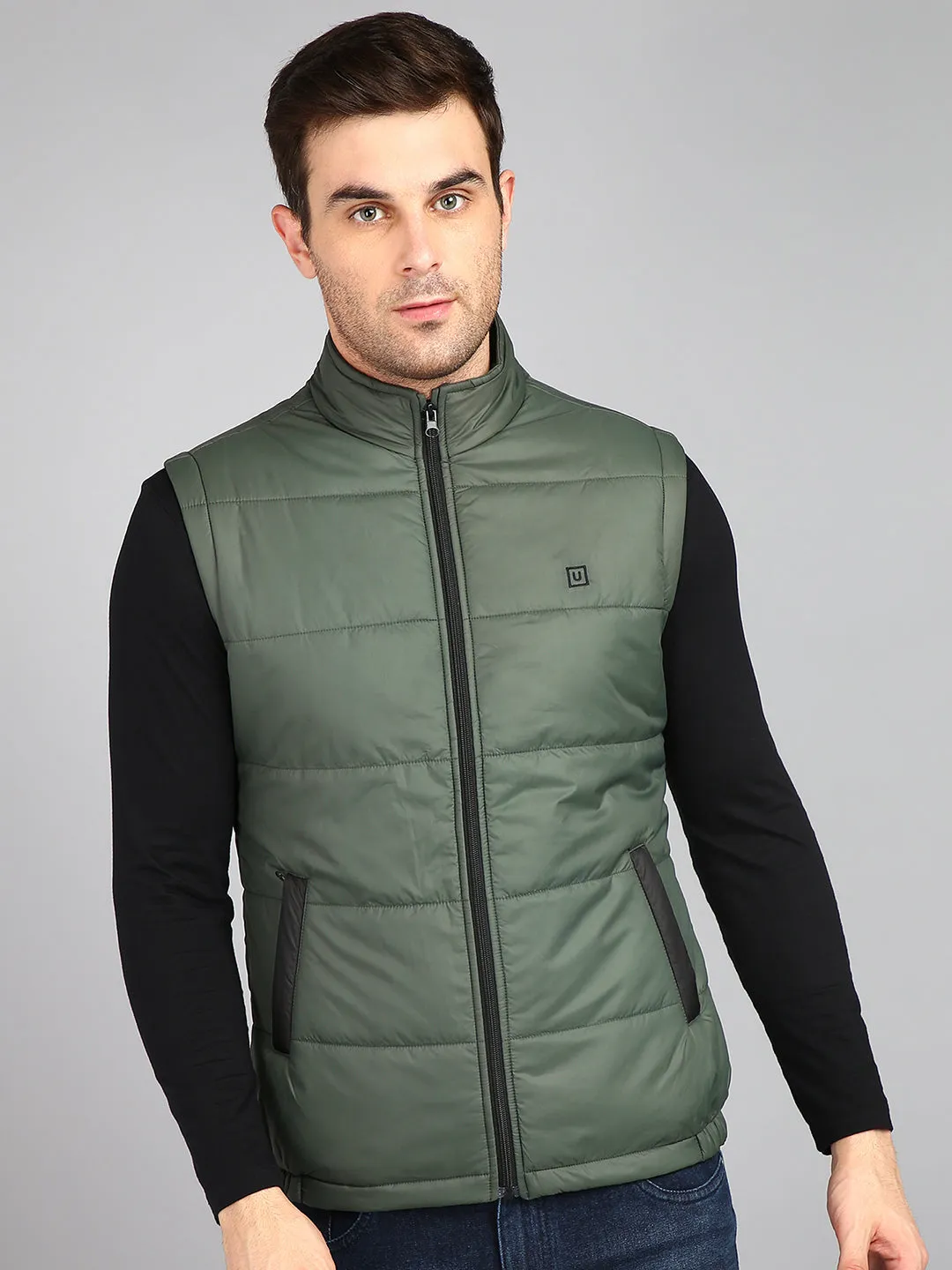 Men's Olive Green Sleeveless Zippered Puffer Jacket