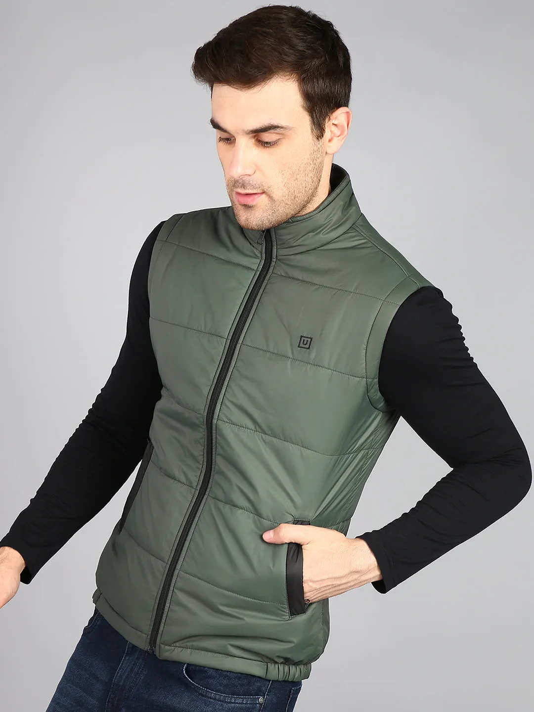 Men's Olive Green Sleeveless Zippered Puffer Jacket