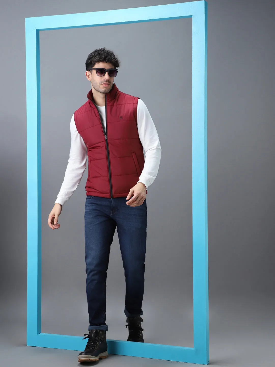 Men's Red Sleeveless Zippered Puffer Jacket