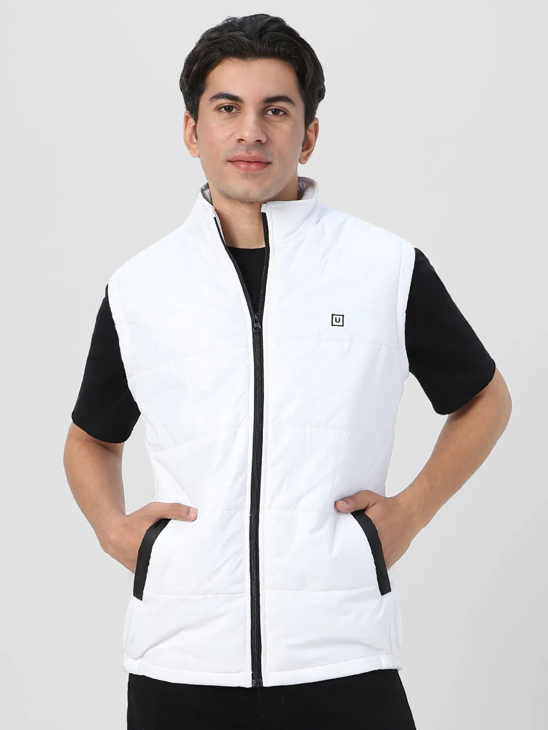 Men's White Sleeveless Zippered Puffer Jacket