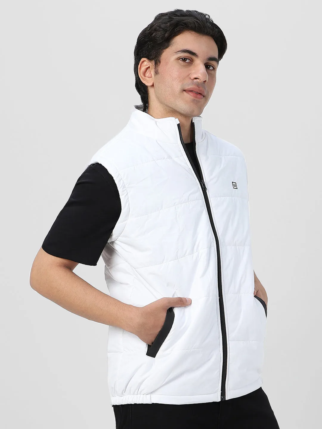 Men's White Sleeveless Zippered Puffer Jacket