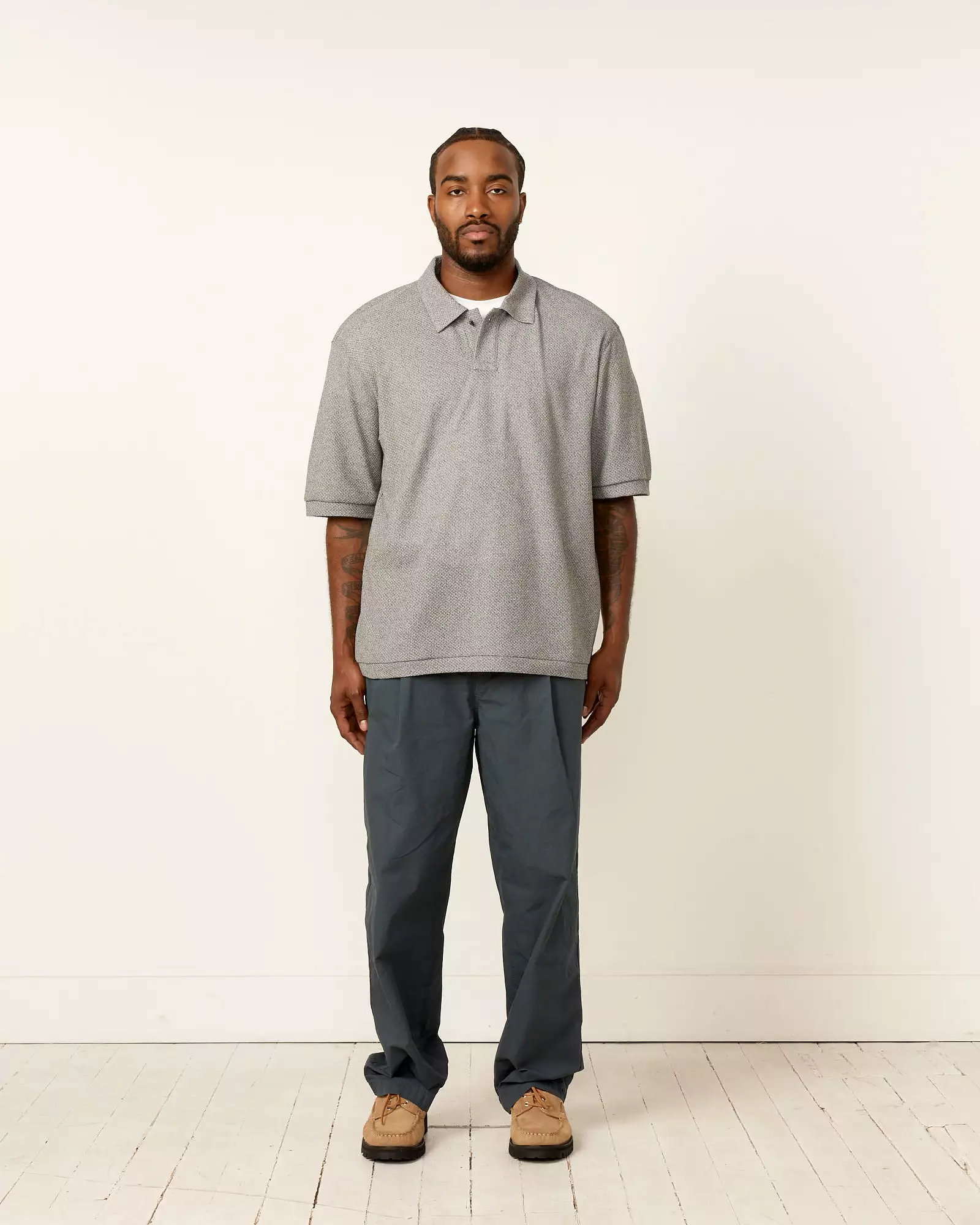 Moss Stitch Polo Shirt in Melange Grey