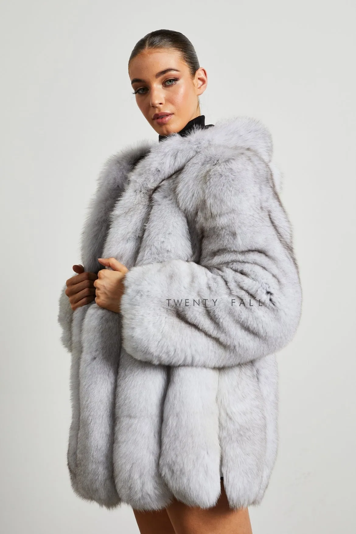 Natural Fox Fur Coat with Full Pelt Fur Sleeves and Hood