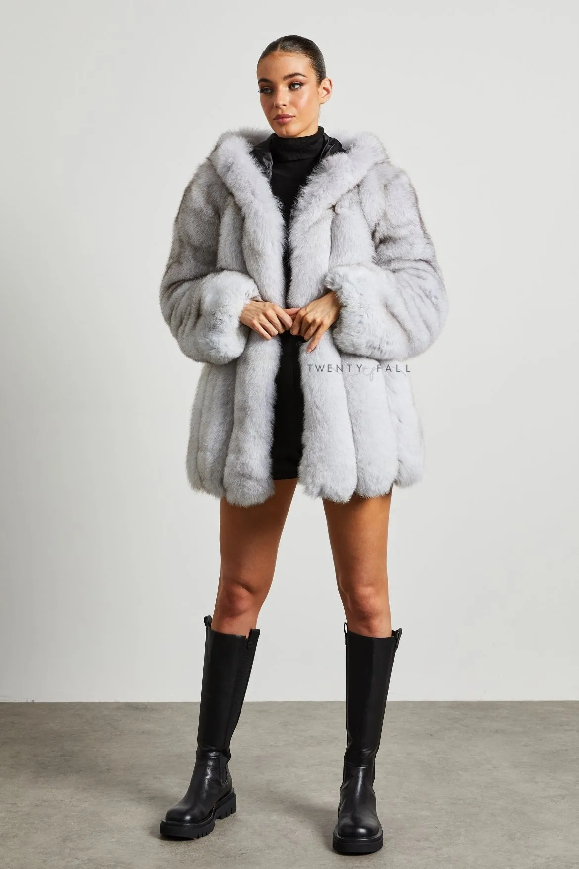 Natural Fox Fur Coat with Full Pelt Fur Sleeves and Hood