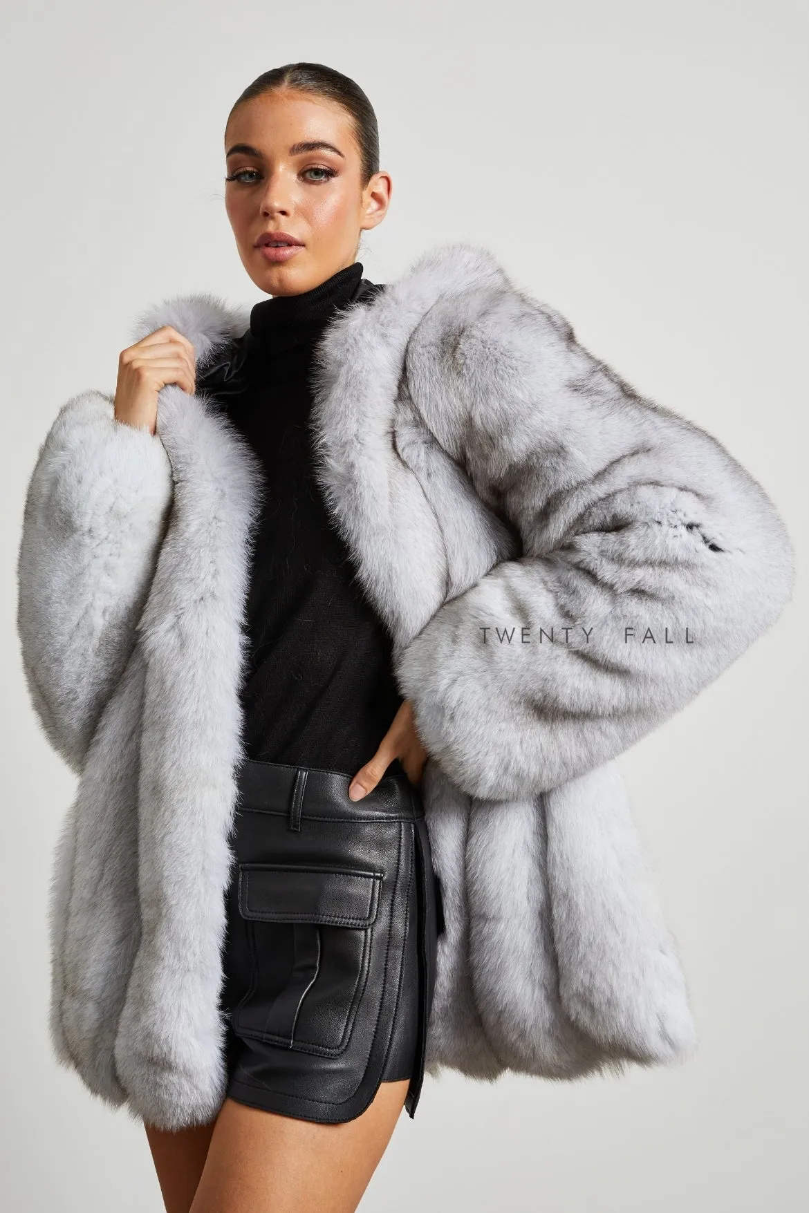 Natural Fox Fur Coat with Full Pelt Fur Sleeves and Hood