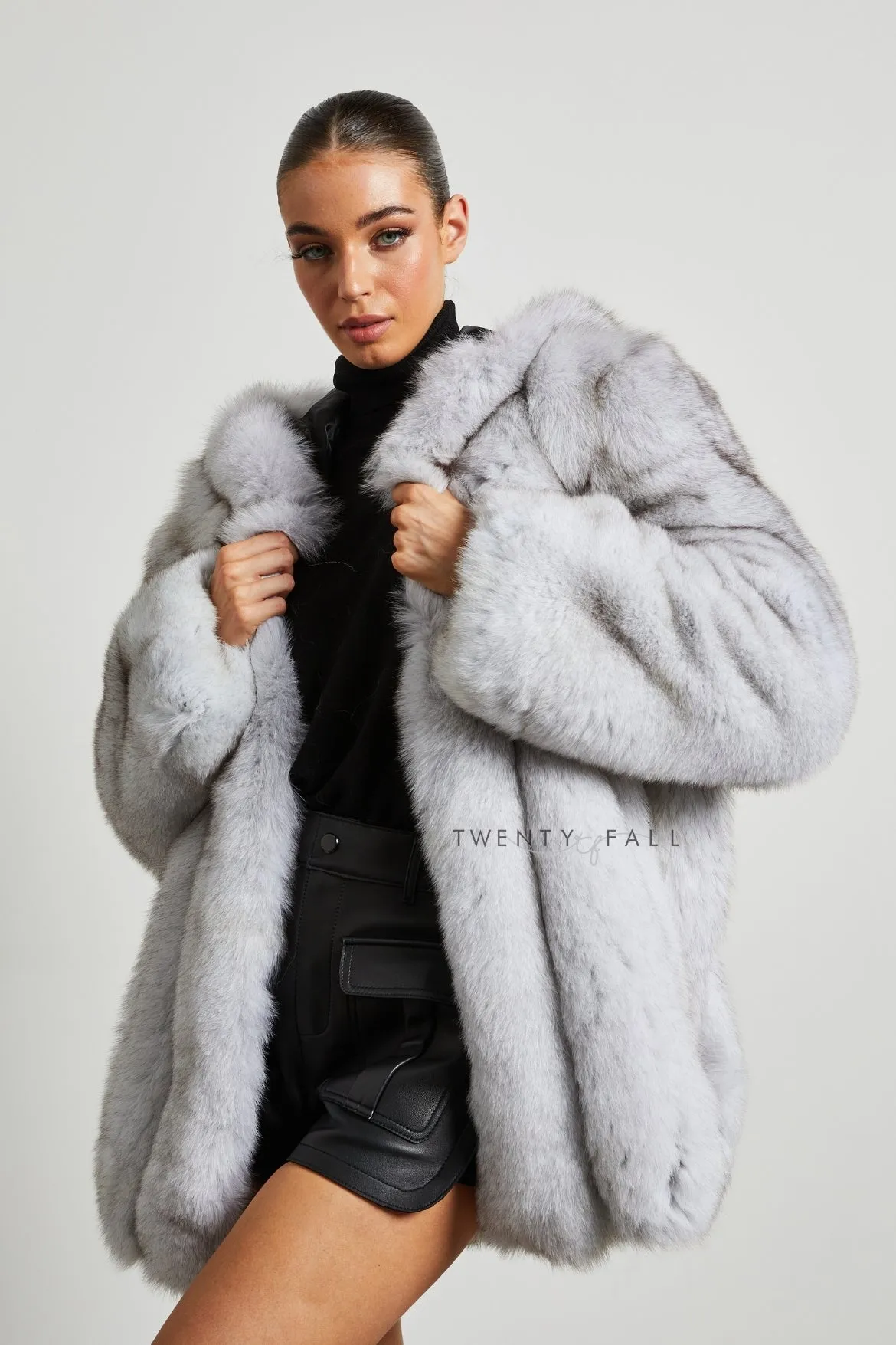 Natural Fox Fur Coat with Full Pelt Fur Sleeves and Hood