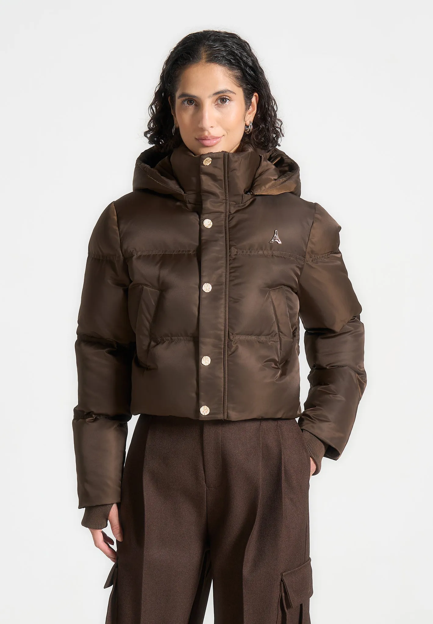 Nylon Eiffel Cropped Puffer Jacket - Brown